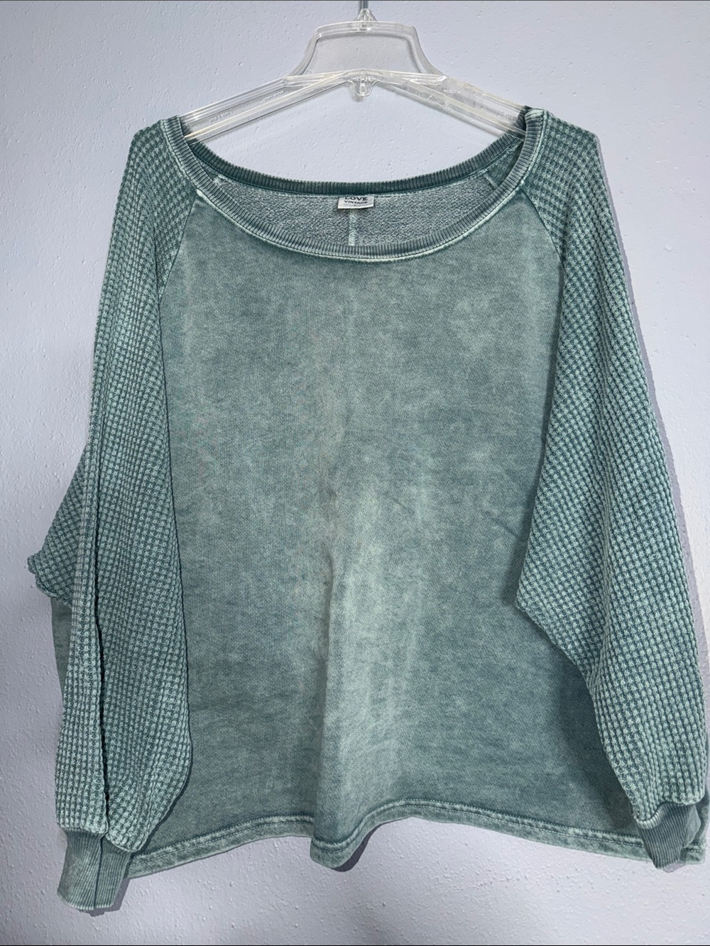 Washed Sage Green Waffle-Sleeve Crewneck Sweater - Unknown Brand